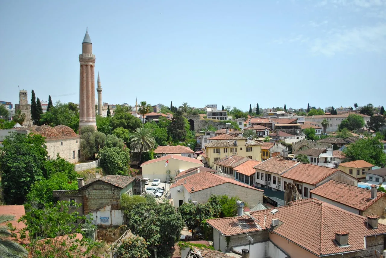 Aerial view of Kaleici, Antalya's old town, with the Yivli Minaret — the historic centre of Turkey's top dental tourism city